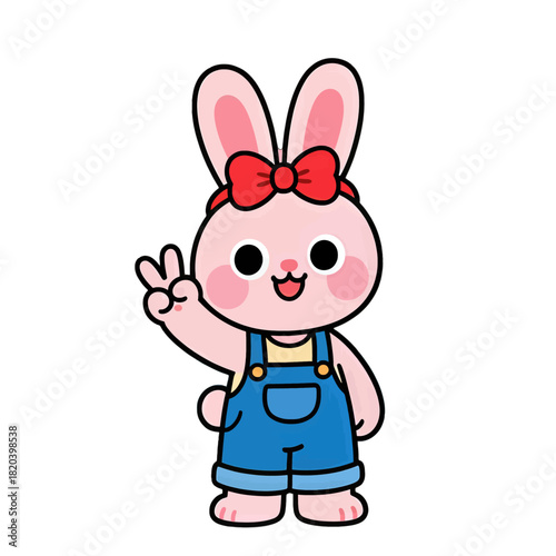 Cute cartoon bunny in overalls making a peace sign