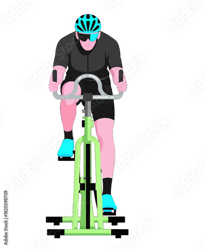 Cyclist in helmet and gear riding neon green bicycle