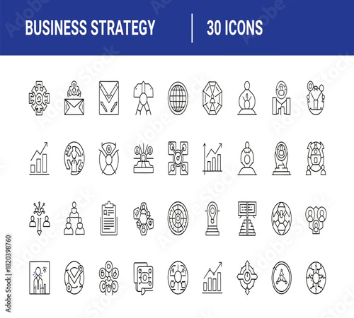 Illustration of a comprehensive set of 30 line icons representing various aspects of business strategy, planning, and management, isolated on white background