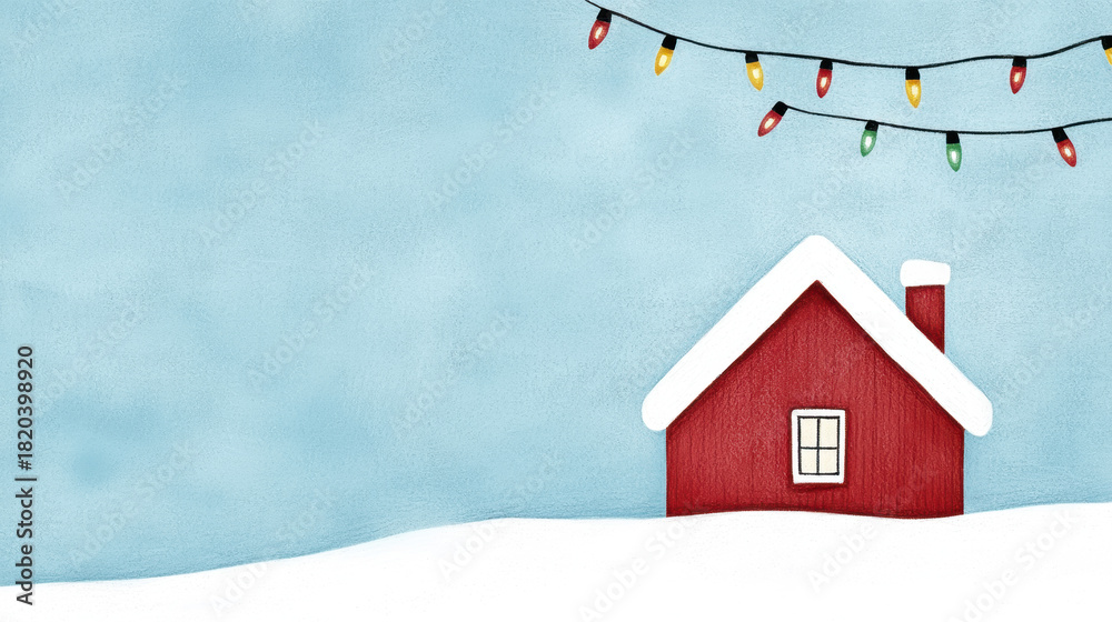 Naklejka premium Red house with snow on roof, winter landscape, festive holiday lights, crayon illustration, cheerful and cozy scene