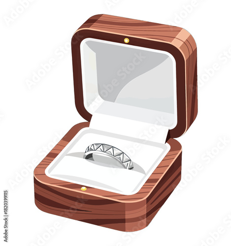 Elegant silver ring in an open wooden jewelry box