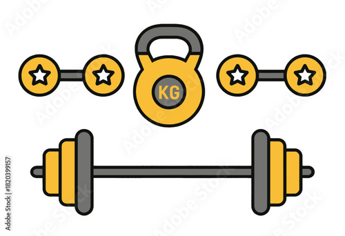 Fitness equipment with kettlebell and barbell illustration