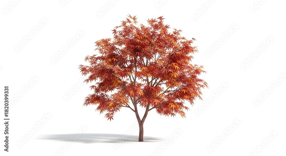 Fototapeta premium Autumn maple tree with red-orange leaves isolated with shadow on a white background.