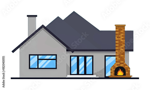 Modern house illustration with chimney and large windows
