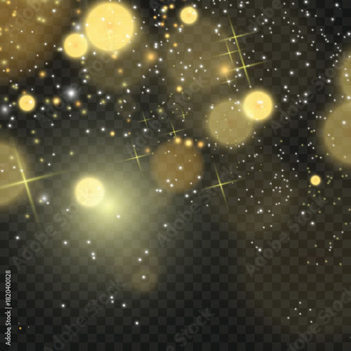 Abstract Gold Bokeh Lights Effect on Transparent Background Overlay. Vector