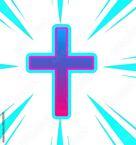 Neon cross surrounded by vibrant light rays