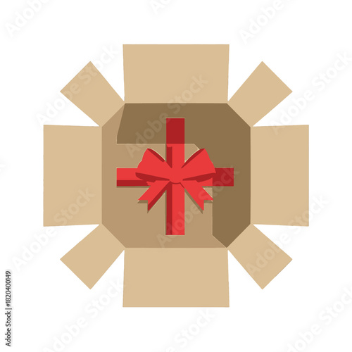 Open cardboard gift box with red ribbon