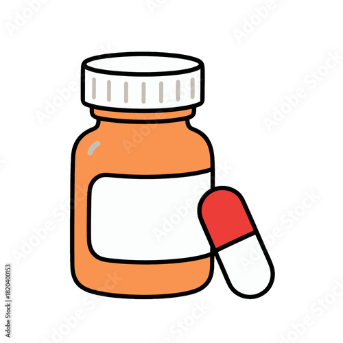 Orange Medicine Bottle with Red and White Pill