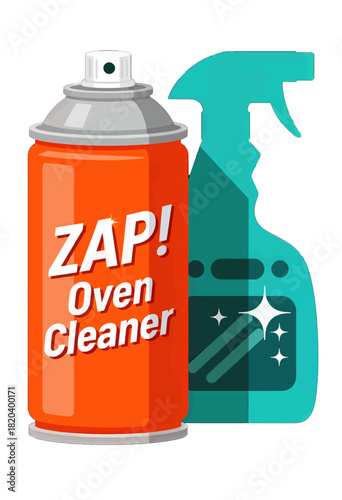 Orange spray can with blue cleaning bottle isolated objects