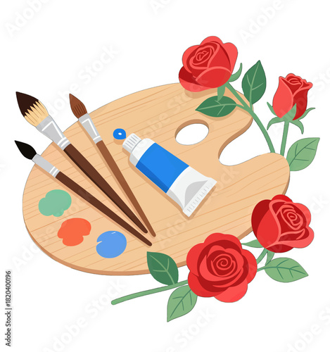Painter's Palette with Roses and Paintbrushes