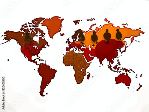 A stylized world map illustration highlighting specific continents with warm autumn colors and turkey icons, possibly indicating the distribution or origin of turkeys.