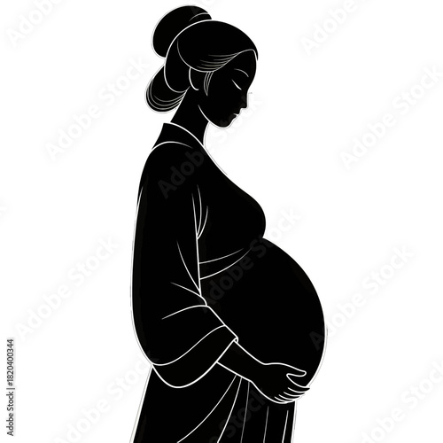 Pregnant woman in traditional dress tenderly holding her belly