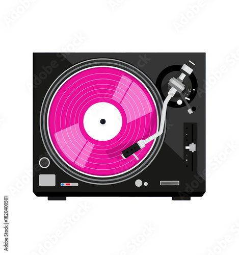 Retro turntable with pink vinyl record isolated object