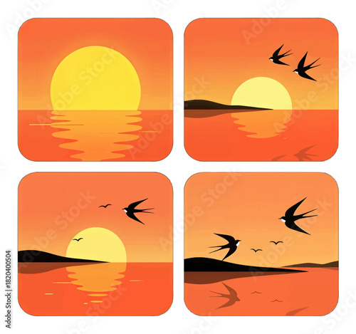 Set of Four Sunset Illustrations with Birds in Flight