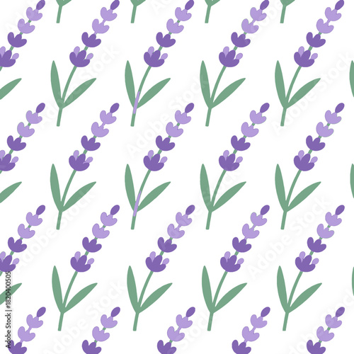 Seamless pattern of purple lavender flowers with green stems