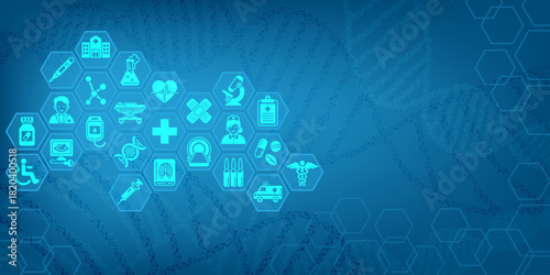 Medical background and healthcare abstract technology with flat icons. Design template of concept for hospital, health care business, innovation medicine, science. Vector illustration.