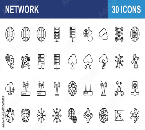 Illustration of collection of 30 network icons covering internet, cloud, server, global communication, data transfer, and wireless technology, isolated on white background