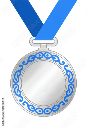 Silver Medal with Blue Ribbon and Decorative Pattern