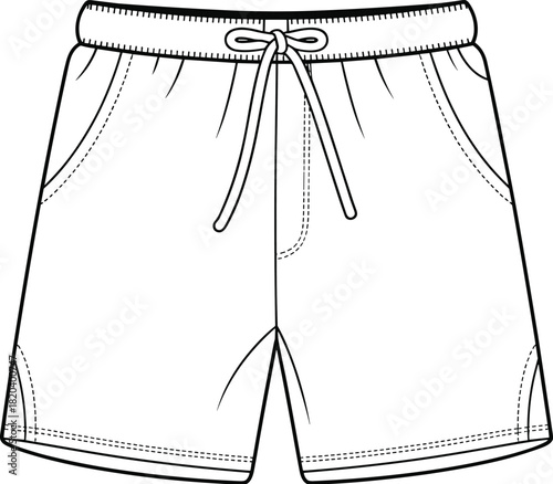 Drawstring shorts flat sketch, fashion design vector template, casual wear CAD drawing, clothing blueprint illustration, athletic shorts outline, garment construction design