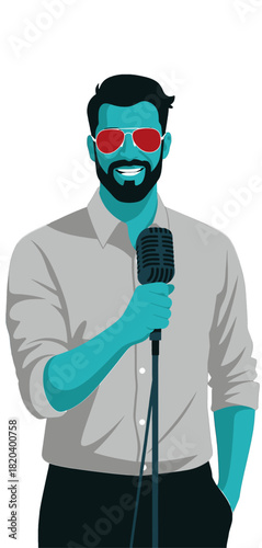 Stylish bearded man with red glasses holding a microphone