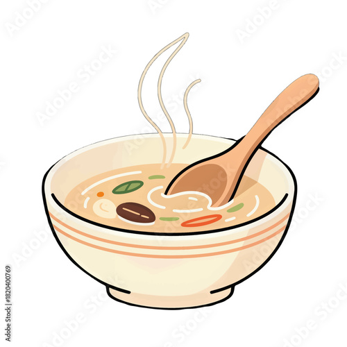 Steaming Bowl of Soup with Spoon and Ingredients