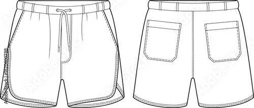 Elastic waistband shorts flat sketch, fashion design vector template, garment CAD drawing, clothing blueprint illustration, sporty casual shorts outline, cad drawing flat vector illustration
