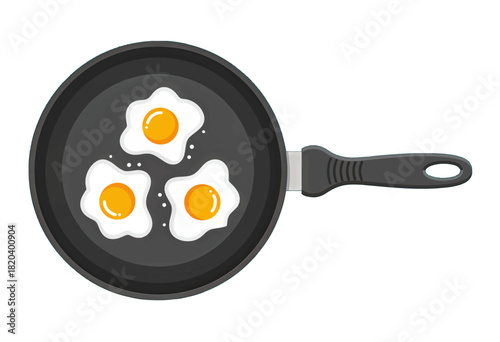 Three sunny side up fried eggs in a frying pan