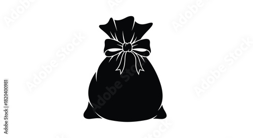 A black silhouette of a classic gift bag or money sack, tightly tied with a decorative bow, isolated on a white background.