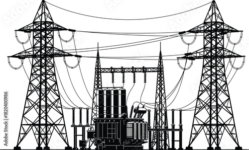Electrical substation silhouette, high voltage power station, energy distribution system, transmission  