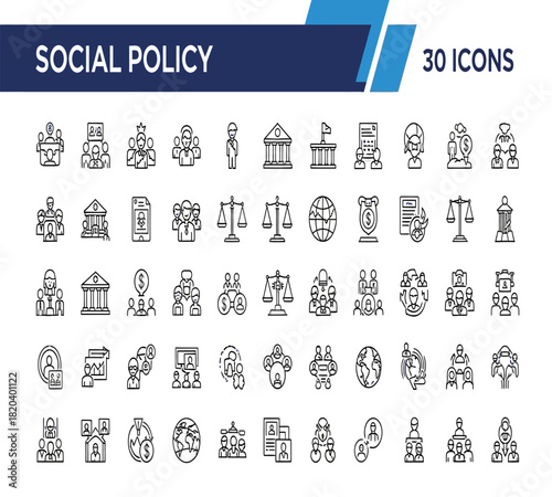 Illustration of social policy line icons set collection of outline symbols representing government, justice, community, law, and public administration concepts