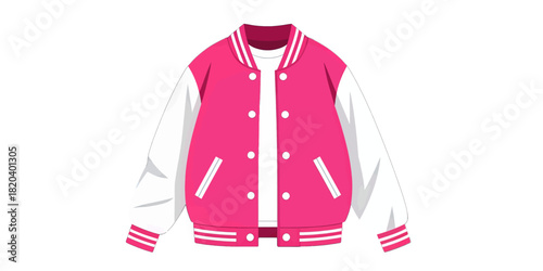 Vibrant Pink and White Varsity Jacket with Striped Details