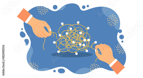 Two hands untangle a knotted string of lights, symbolizing problem-solving and the process of finding solutions to complex issues.