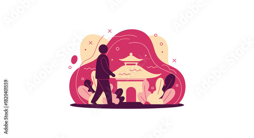 An illustrated person strolls past a traditional Asian pagoda, surrounded by stylized plants and abstract shapes in a vibrant, artistic composition.