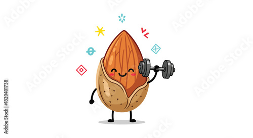 A cheerful almond character lifts a dumbbell, symbolizing health, strength, and fitness with a happy expression on a white background.