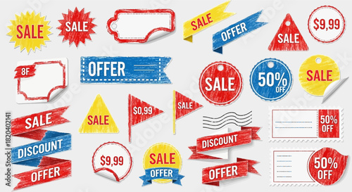 Collection of Sale and Offer Stickers and Banners with Discount Labels and Price Tags for Promotions