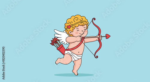 A cute cartoon Cupid aiming his bow and heart-tipped arrow, ready to spread love and romance on a light blue background.