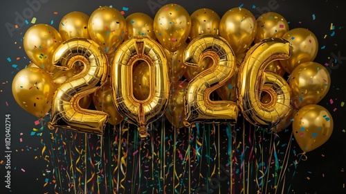 2026 golden foil balloons. Happy New Year concept.