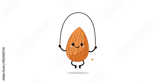 A cheerful, healthy cartoon almond with a cute face skips rope, embodying joy and active well-being through playful exercise.