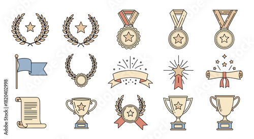 A comprehensive set of outline icons representing various awards, achievements, and symbols of success, perfect for celebrating victories and recognition.