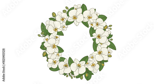 Illustrated wreath of white phalaenopsis orchids with green leaves and buds, forming a beautiful circular frame on a simple white background.
