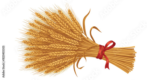 A vibrant bundle of golden wheat ears and stalks, tied with a festive red ribbon, symbolizing harvest and agricultural bounty.