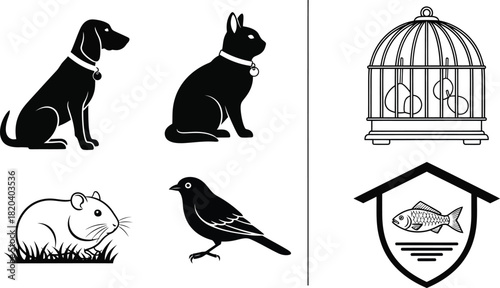 Pet animal vector illustration set dog cat bird fish hamster cage icon eps silhouette