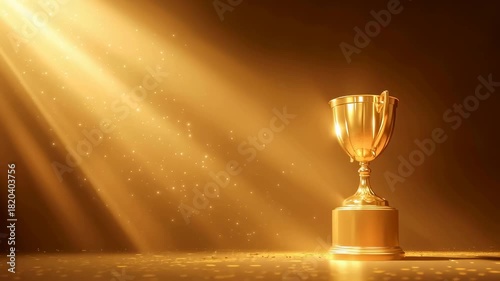 Gold luxury trophy shining with sweep angle in spotlight.Victory and goal success concepts