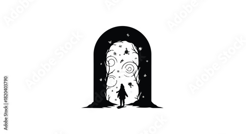 Mysterious doorway opens to a starry, magical portal with a lone figure standing at the threshold.