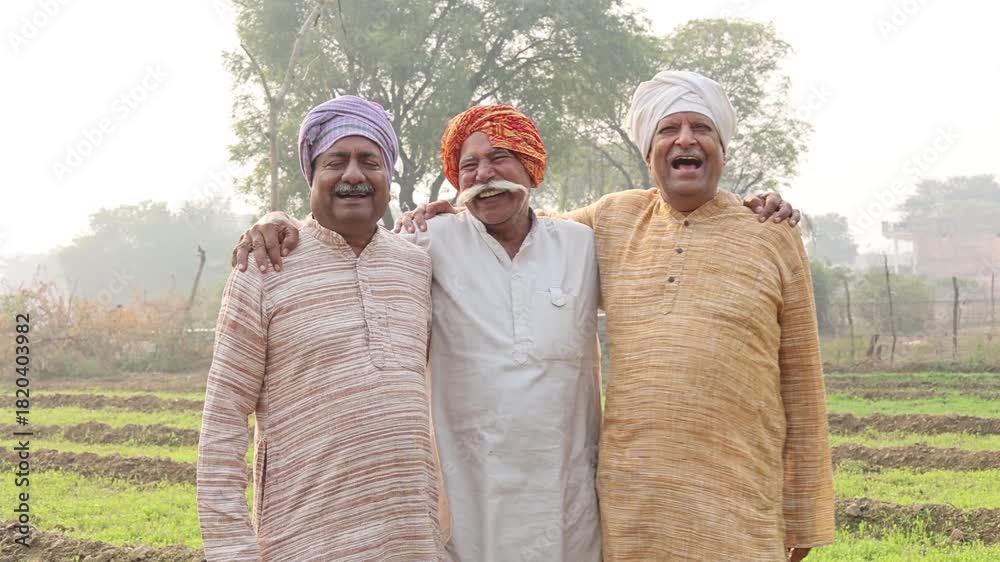 Group of happy rural Indian farmers together laughing looking at camera ...
