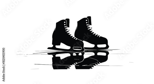 Pair of black ice skates with reflection on a white surface, evoking winter sport and elegance.