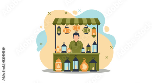 An illustration depicts a vendor selling colorful lanterns at a market stall, creating a vibrant and inviting scene with decorative elements.