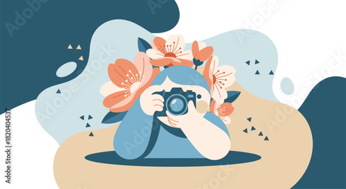 An illustrated person takes a photograph with a camera, surrounded by beautiful flowers, capturing a moment.