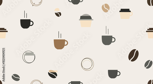 Seamless pattern with various coffee cups, steaming mugs, and coffee beans on a light background, perfect for cafes or digital designs.
