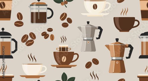 A detailed illustration showcasing various coffee-related items, including cups, beans, and brewing equipment.